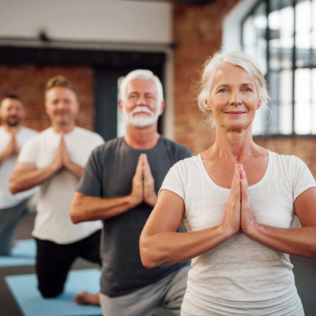group of white ukranian middle-aged people in comfortable yoga poses creating supportive community atmosphere