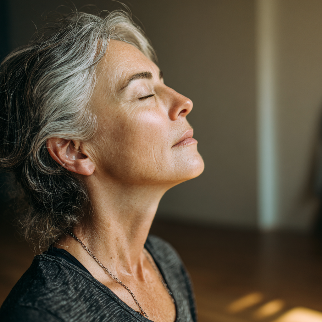 peaceful middle-aged woman practicing mindful breathing in serene yoga studio